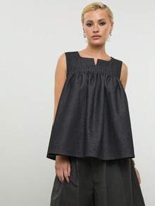 COUREZ Women's Charcoal Gray Sleeveless Denim Smock Layering Top,Chic Everyday Summer Cute Black Structured Pleated Tops Y2K Spring Break Outfits - Black - View 5