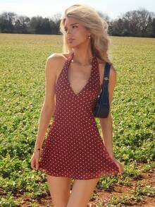 Sydney Algeri 浪漫波点V领女士迷你连衣裙，初秋 - 酒紅色 - 查看 5