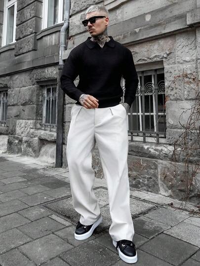 Artur Kramer ANDREILEE 男士休闲宽松通勤简约纯色百搭V领Polo衫轻薄长袖针织套头衫，秋冬款