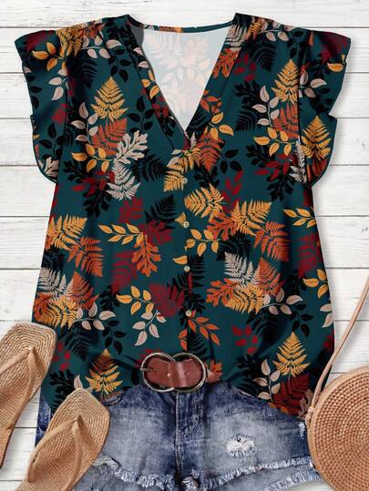 Rusticease Blue Background Autumn Leaf Print Shirt