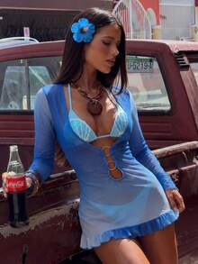 Bonvoyette 3件套渐变随机印花蓝色亮片扇形装饰挂脖比基尼上衣、下装和网纱长袖金色戒指配饰连衣裙，性感女士夏季沙滩度假泳装套装，女士沙滩装比基尼套装，含罩衫，女士夏季泳装上衣，含罩衫的夏季节日服装，女士派对服装，沙滩装，婚礼宾客礼服，女士优雅连衣裙，女士长袖上衣，女士沙滩罩衫，女士牛仔上衣 - 彩色 - 查看 1