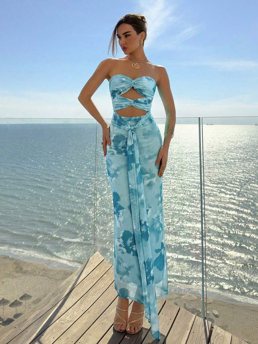 Aloruh 女士性感前扭镂空蝴蝶结扎染印花长款度假连衣裙 - 藍色 - 查看 1