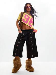 Coolane Women's Spring/Summer Streetwear Y2K Daily Wear Knit Grommet Eyelet Black Straight Leg Midi Wide Leg Sweatpants - Black - View 2