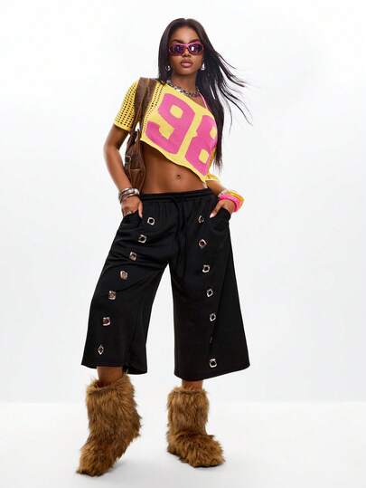 Coolane 女士春夏街头风 Y2K 日常穿搭针织孔眼黑色直筒中长阔腿运动裤