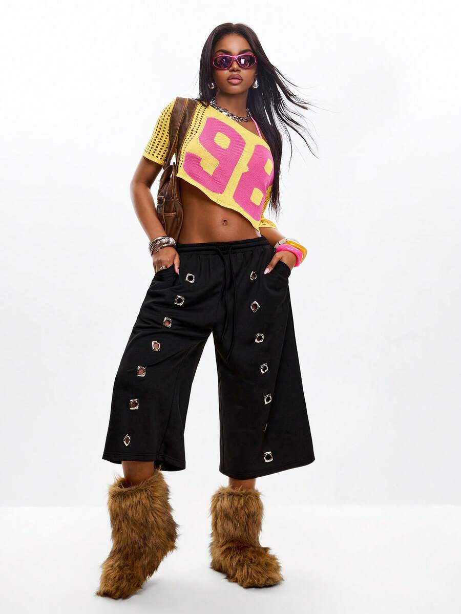 Coolane 女士春夏街头风 Y2K 日常穿搭针织孔眼黑色直筒中长阔腿运动裤 - 黑色 - 查看 1