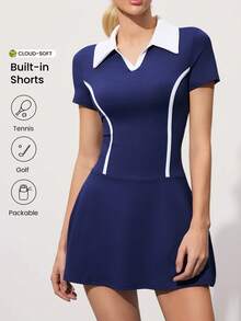CourtClass Vestido Polo de Manga Curta Azul Marinho para Exercícios Esportivos e Golfe Feminino, Shorts Esportivos Femininos com Bolso para Celular, Conjunto de Golfe Feminino - Azul Marinho - Visão 1