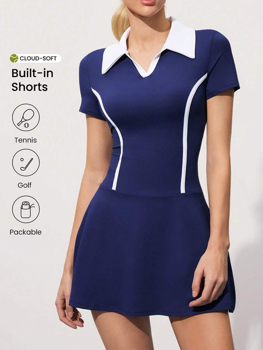 CourtClass Vestido Polo de Manga Curta Azul Marinho para Exercícios Esportivos e Golfe Feminino, Shorts Esportivos Femininos com Bolso para Celular, Conjunto de Golfe Feminino - Azul Marinho - Visão 1