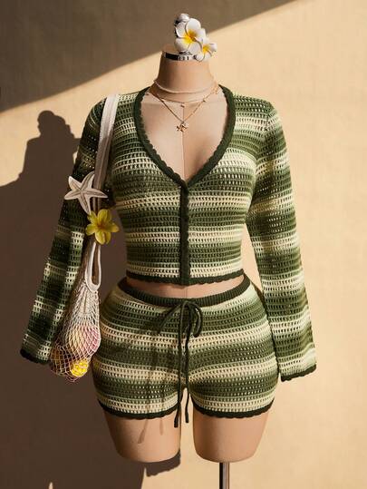 SHEIN ICON Plus Size Women's Spring/Summer Retro Sexy Beach Vacation Simple Casual Millennial Style Y2K Green Striped V-Neck Cardigan Top Slim Fit Shorts Sweater Set