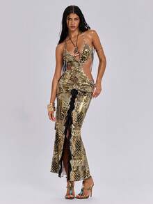 ROMWE Y2K Animal Print Metallic Sexy Beach Vacation Style Ruffle Hem Bodycon Skirt For Women - Gold - View 1