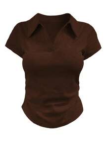 SHEIN LUNE 女士纯色 Polo 领短袖休闲百搭 T 恤 - 彩色 - 查看 5