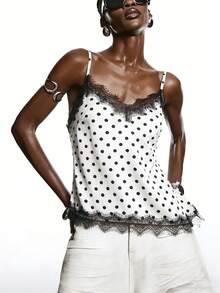 LYSMO 2026新款极简夏季女式黑白波点蕾丝撞色缎面亮面吊带背心，优雅蕾丝拼接吊带衫，适合春夏穿着，优雅上衣，适合派对、夏季、音乐节等场合，优雅吊带衫，吊带衫 - 彩色 - 查看 6