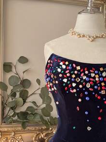 Lovelzi Elegant Luxurious Velvet Black Strapless High Waist Slim-Fit Bodycon Mini Dress With Rhinestone Embellishments,Suitable For Parties,Weddings&Formal - Navy Blue - View 6