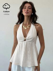 Aloruh Women's Linen Metal Decor Waist A-Line Shirt, Spring/Summer,Summer Top - White - View 5