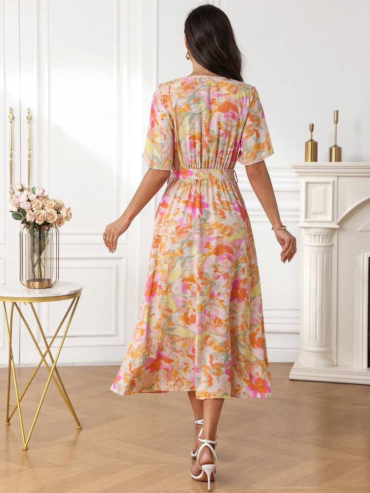 Floral Print Flower V Neck Tie Waist Flowy Midi Dress Elegant Casual Summer Beach Vacation Outfit Floral Dress Flower Print Summer Dress Beach Dress Vacation Dresses Casual Dresses For Women Elegant Dresses For Women,Summer Holiday Outfits,Graduation Outfit For Mother Floral Long Dress,Summer Outfits For Women