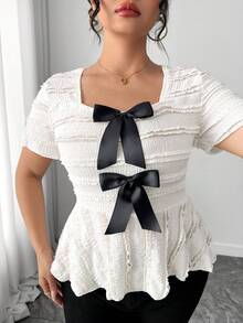 Elenzga Áo thun thời trang mùa xuân/hè kiểu Pháp lãng mạn cổ điển thanh lịch thường ngày với điểm nhấn nơ. - trắng - Xem 6