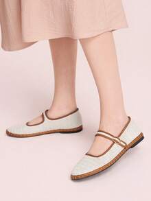 CUCCOO DOLLMOD Women's Shoes Classic White Contrasting Color Along The Edge Mary Jane Flats Spring Shoes - White - View 3