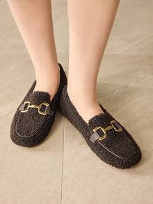 MOTF WOMEN'S CASUAL CHAIN DECOR TEDDY FLEECE FLAT SHOES, SUITABLE FOR COMMUTING, AUTUMN/WINTER VALENTINE'S DAY - Brown - View 8