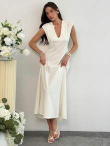 Aloruh 女士夏季纯白色混纺休闲连衣裙，米色，优雅迷人，性感深V腰身A字设计，适合正式派对、婚礼、生日等场合，也可作为教师服装穿着。 - 米色 - 查看 7