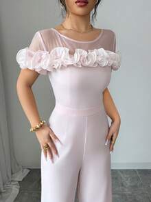 SHEIN Elenzya Bộ jumpsuit màu hồng thanh lịch dành cho nữ, điểm nhấn bèo nhún ở vai, chất liệu chiffon xuyên thấu ở vai, thích hợp cho các dịp thường ngày, nghỉ lễ, hẹn hò, đi chơi, ngày Valentine, đám cưới, tiệc tùng. - Hồng - Xem 3