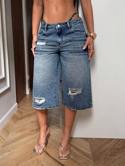 StreetHx 女士时尚休闲做旧复古七分破洞牛仔裤