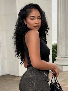 Alexandranx 女士秋冬新款高领无袖紧身罗纹黑色背心毛衣，适合日常穿着 - 黑色 - 查看 6