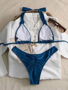 Swim Chiccia 女士两件套性感优雅复古浪漫荷叶边吊带咖啡棕色沙滩套装，比基尼泳装 - 寶藍色 - 查看 2