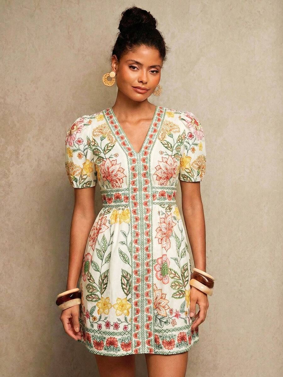 Travachic 女士V领短袖修身迷你连衣裙 - 彩色 - 查看 1