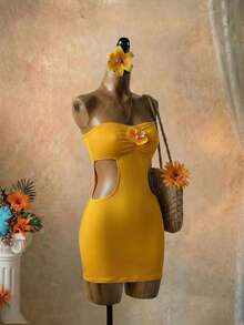 SaltGleam SaltGleam Đầm ngắn gợi cảm khoét eo dành cho nữ, đầm quây xếp ly họa tiết hoa 3D ôm sát cơ thể, đầm nghỉ mát kiểu đảo. - Màu vàng - Xem 4