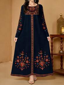 SHEIN Najma Women's Floral & Botanical Print Elegant Round Neck Long Sleeve Spring Arabic Style Dress, Modest Dress, Long Sleeve Dress - Multicolor - View 5