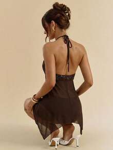 SHEIN BAE 女士休闲度假串珠雪纺拼接露背吊带背心，不对称下摆设计，适合音乐节、海滩度假、休闲外出等场合，波西米亚风，Y2K风格，棕色背心，度假上衣 - 棕色 - 查看 2