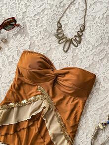 Soleia 女士夏季度假嘉年华派对休闲撞色拼接亮片装饰抹胸上衣棕色无肩带上衣咖啡棕色上衣 - 彩色 - 查看 5