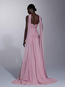 Elitara Elegant, Romantic, Fashionable, Dignified, Pink, Organza Fabric, Ruched Decor, 3D Decoration, Bust Cup, Extra-Large Skirt, Elegant Party Dress, Wedding Guest Dress, Bachelorette Party Dress, Formal Evening Gown - Dusty Pink - View 2