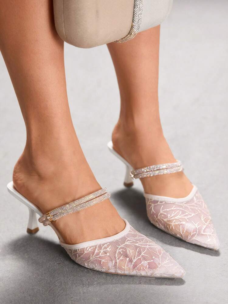 CUCCOO SZL Casual Commute Pointed Toe Mesh Rhinestone Slip-On High Heel Pumps For Women, Suitable For Wedding, Party, Evening Wear Spring Shoes