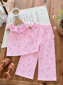 SHEIN LMoss Kids 2pcs Young Girl Chiffon Ditsy Floral Ruffle Hem Top And Loose Pants Set - Multicolor - View 2