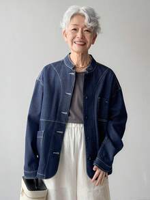 FRIFUL Women's Stand Collar Pocket Contrast Stitching Design Loose Casual Denim Jacket And Coat - Blue - View 3