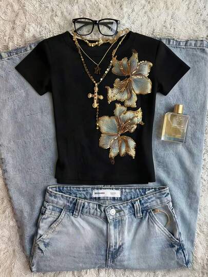 Glimmora Women's Casual Everyday Printed Round Neck Cropped T-Shirt