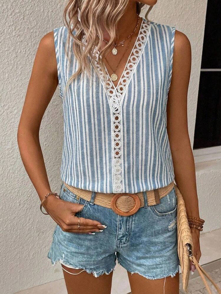 Plus Size Women Striped Patchwork Sleeveless Casual Shirt,Summer Outfits For Women, Beach Outfit For Women ,Casual Blouses For Women ,Vacation Outfits Women,Country Concert Outfit,Blue Top Conservative Top Casual Summer Outfits For Women Tops For Women Summer Cute Summer Casual Tops Striped Tank Top Sleeveless Lace Trim Top V Neck Camisole Blue And White Stripe Top Lace Insert Top Cute Tops Women Summer Blouses For Women Summer Summer Casual Outfits For Women Beach Outfit For Women Conservative Top Casual Summer Outfits For Woman Latest Tops For Women New Arrivals Buissness Casual Women Tops Zoo Outfits Women Zipper Top