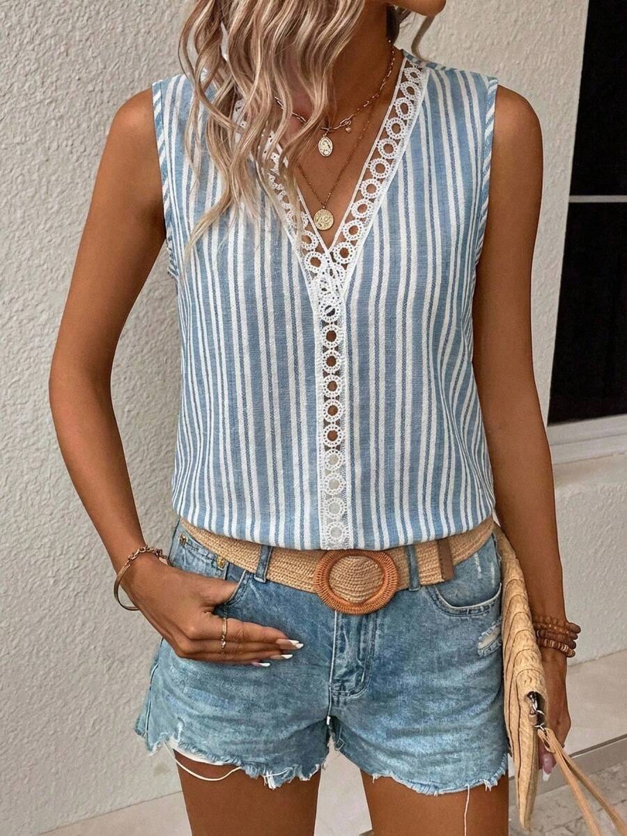 EMERY ROSE 女士夏季度假休闲波西米亚条纹无袖衬衫，女士休闲上衣 - 藍白色 - 查看 1