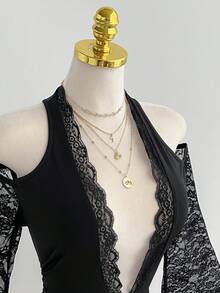 Elamini Women's Contrast Lace Deep V Neck Ruched Sexy Halter Mini Dress - Black - View 6