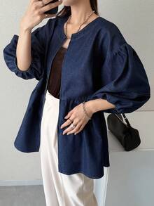 FRIFUL Áo sơ mi denim dáng rộng tay phồng, khóa kéo phía trước dành cho nữ - Màu xanh lam - Xem 5