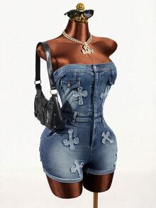 Mistrie Women's Cross Patch Frayed Denim Romper - Blue - View 6