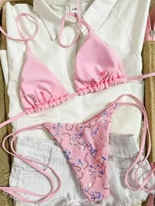 Costavie 两件套彩色亮片特殊面料三角罩杯文胸和侧系带泳裤性感比基尼套装，春夏女士泳装套装亮片比基尼泳衣套装粉色系带比基尼套装女士两件套泳衣亮片比基尼套装闪亮比基尼女士比基尼套装女士泳衣全包覆式女士泳衣套装女士夏季两件套 - 粉色 - 查看 2