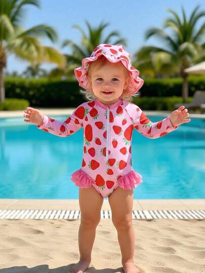 SHEIN GraphicGems Baby Girls' Cute Pink Strawberry Ruffle Trim One-Piece Swimsuit, Stretchy & Comfortable For Summer Swimming Toddler Strawberry Swimsuit With Hat Baby Strawberry Swimsuit Baby Girl Rash Guard Swimsuit Toddler One Piece Swimsuit Baby Sun Protection Swimsuit