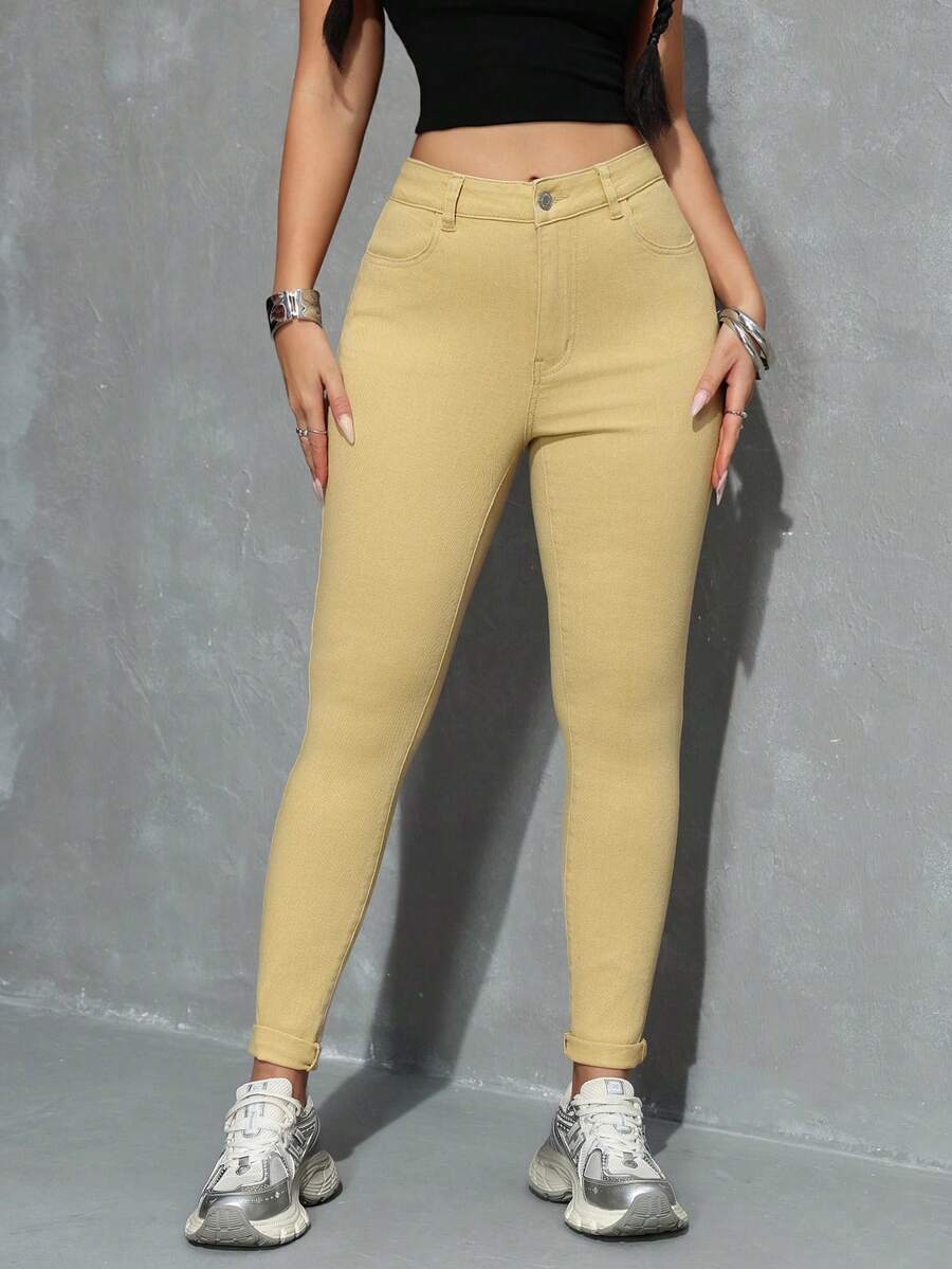 SHEIN PETITE 女款休閒百搭純色修身牛仔褲,適合嬌小女性 - 卡其色 - 查看 1