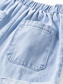 Shorts vaqueros de mezclilla azul claro lavada de estilo casual para niñas preadolescentes, diseño versátil y de moda - Azul - Ver 9