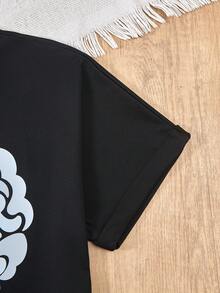 Teenage Girls' Casual Street-Style Grey Printed Loose T-Shirt Set, Summer Tops, Fashionable Design Suitable For Vacation, Travel, Campus And Daily Wear - Black - View 3