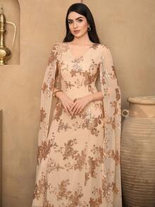 DAZY Đầm dài ôm dáng họa tiết hoa đính sequin, đầm thanh lịch mùa xuân/hè dành cho nữ. - Màu be - Xem 4