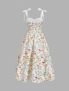 SHEIN MOD 彩色印花系带蝴蝶结喇叭长裙 – 复古宫廷风，梦幻浪漫，适合约会、派对、女士春夏装、春假、度假、野餐、节日、生日等场合 - 彩色 - 查看 6