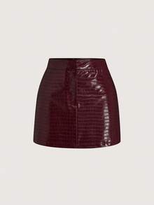 Olithes 修身低腰迷你裙，皮裙，秋季，酒红色，假日，女士舞台表演，法式酒红色半身裙，酒红色半身裙，A字短裙，鳄鱼纹半身裙，红色皮裙，酒红色半身裙，女士半身裙，派对服装半身裙，短裙，高腰半身裙 - 酒紅色 - 查看 6