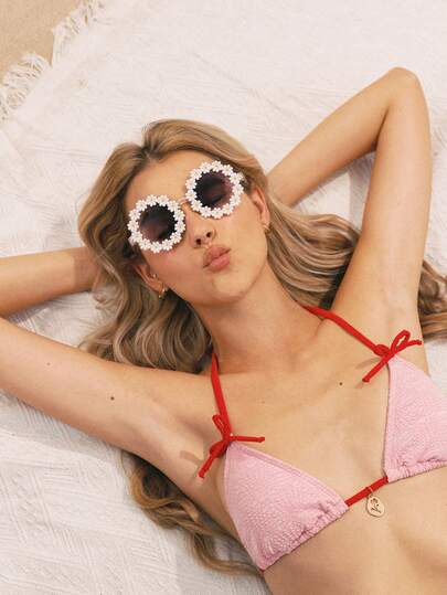 Swim Mod 1pc Women's Oversized Round Frame Fashion Glasses With Flower Embellishment, Perfect For Parties Shades Beach Accessories Beach Accessories For Women Glasses Shades Basics Fall Winter Women Outfits Clothes Business Casual Gifts For Summer Beach Vacation,Outdoor,Travel